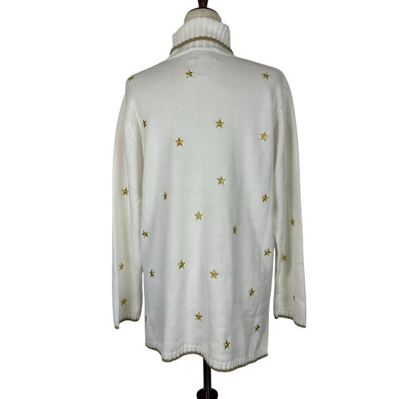 VTG Quacker Factory Sweater Medium Oversized Cream Turtleneck Gold Stars Holiday - Picture 3 of 12